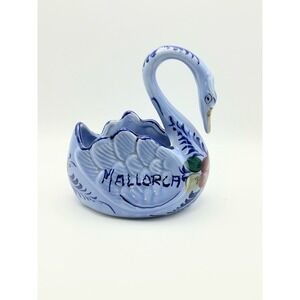 Mallorca Spain Hand Painted Blue Ceramic Swan Planter Floral Candy Dish Vintage
